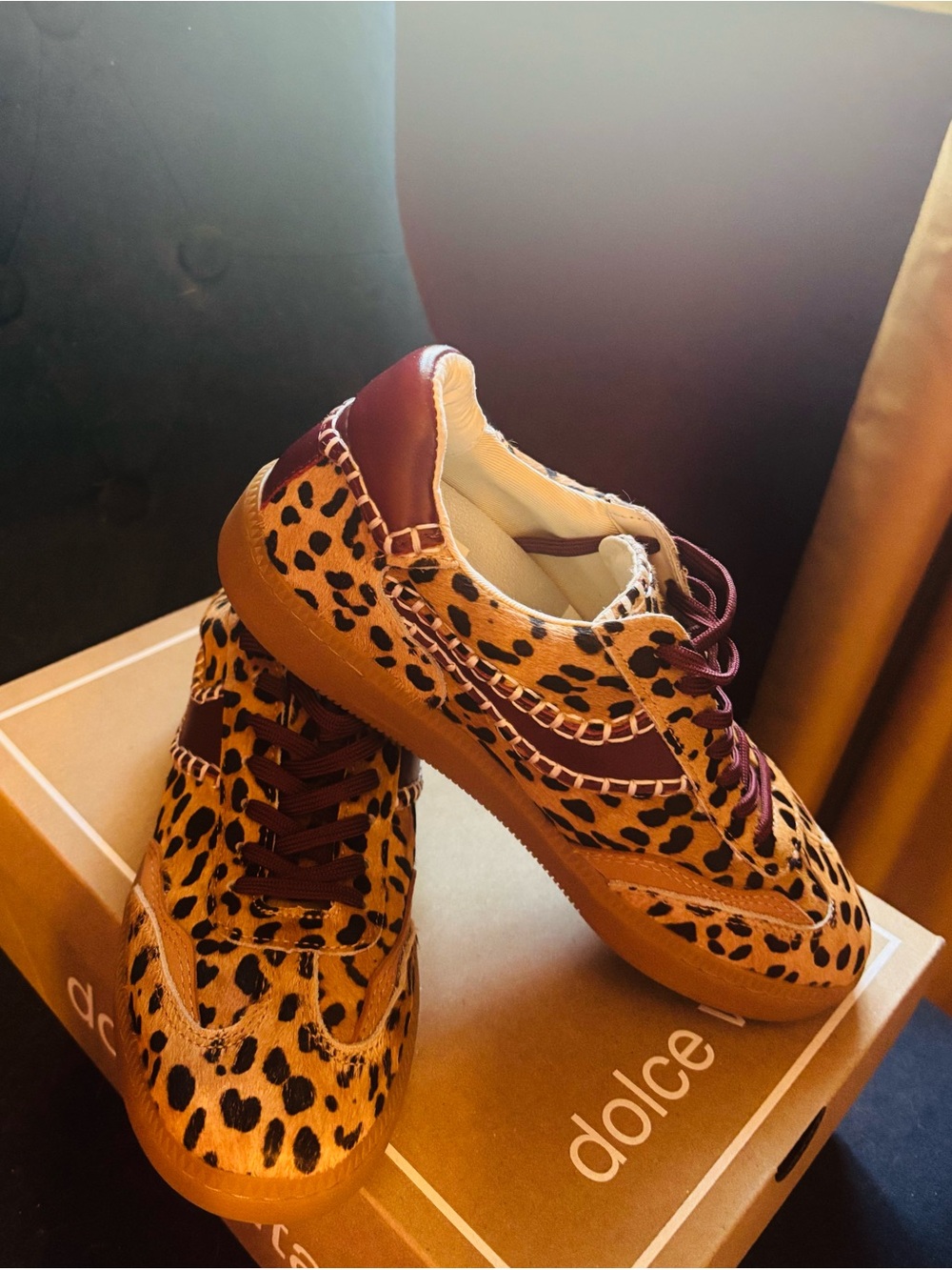 EUC Dolce Vita Notice Leopard-Calf Hair Print Sneakers with Burgundy Trim SZ 6.5